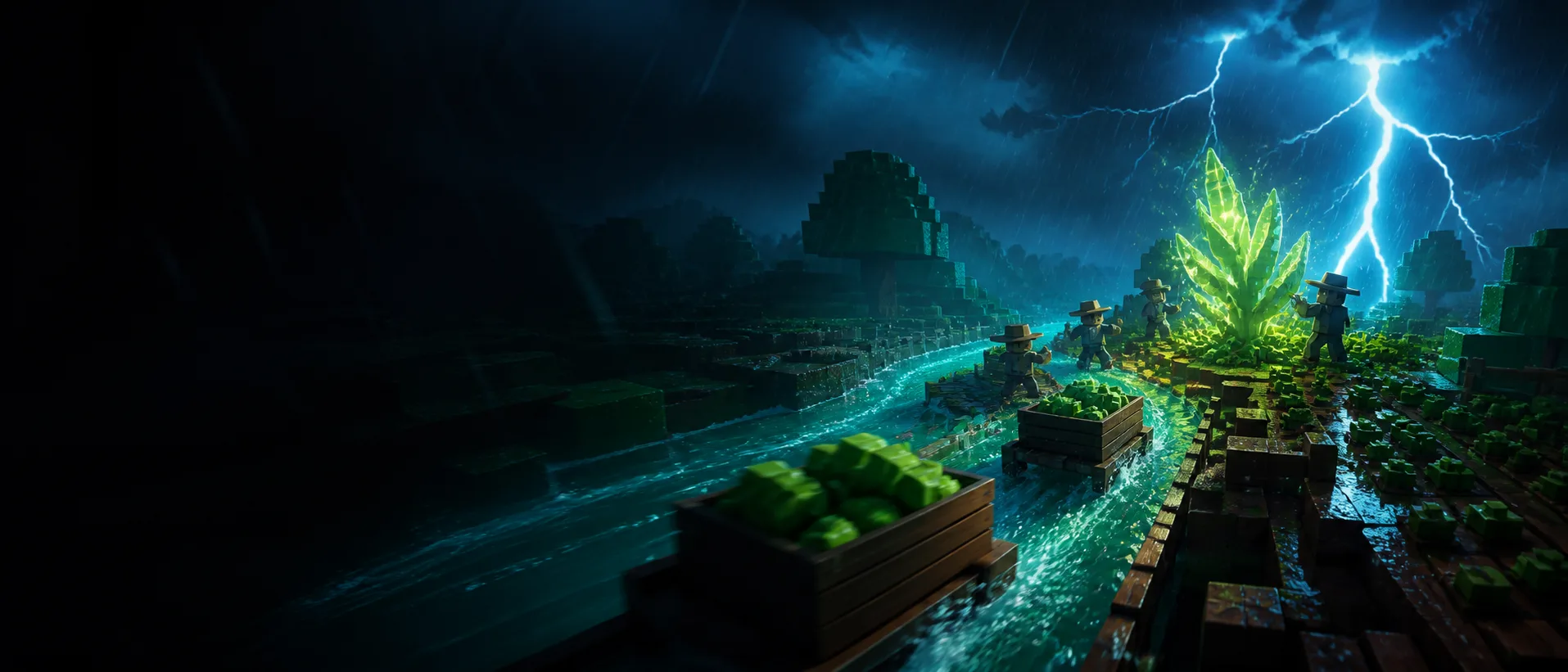 Stylized night farm beside a river as lightning strikes beyond a glowing crop.